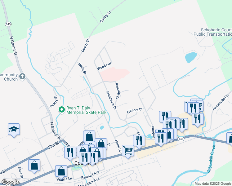 map of restaurants, bars, coffee shops, grocery stores, and more near 119 Parkway Drive in Cobleskill