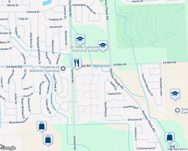 map of restaurants, bars, coffee shops, grocery stores, and more near 16814 Crystal Drive in Macomb