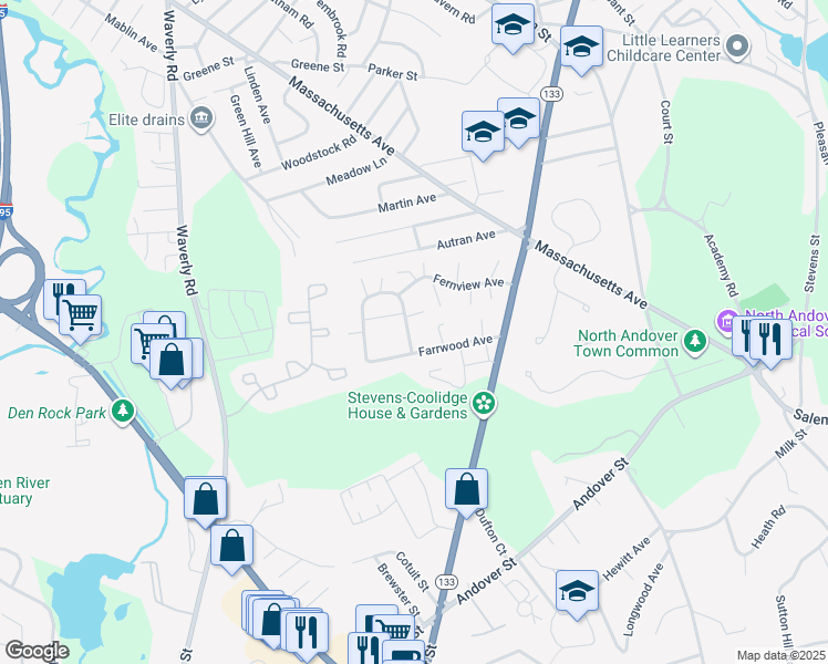 map of restaurants, bars, coffee shops, grocery stores, and more near 66 Fernview Avenue in North Andover