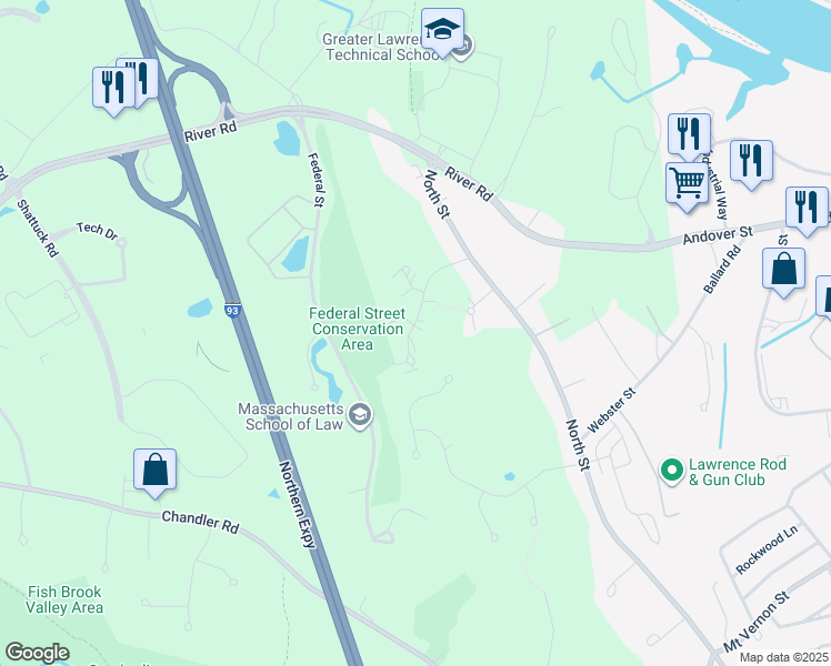 map of restaurants, bars, coffee shops, grocery stores, and more near 701 Brookside Drive in Andover