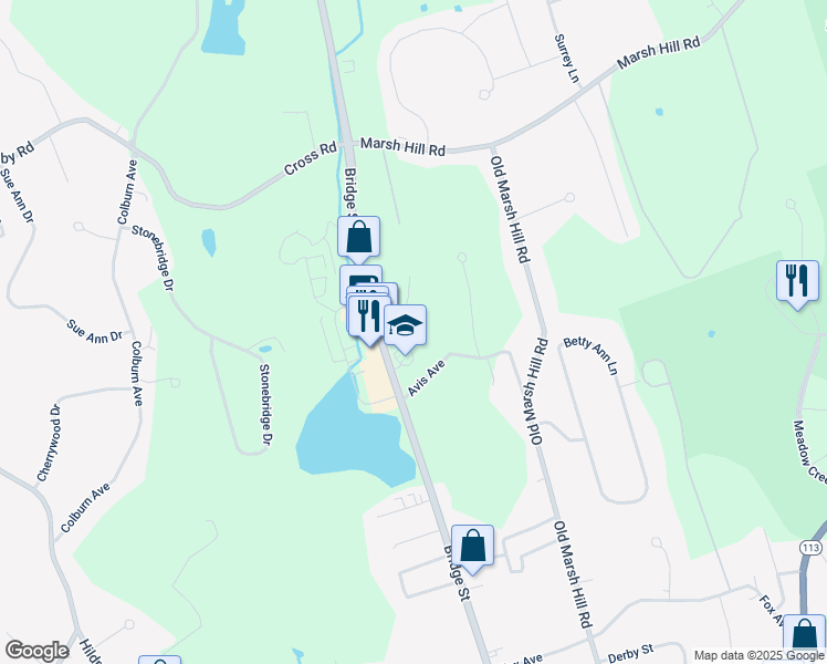 map of restaurants, bars, coffee shops, grocery stores, and more near 1827 Bridge Street in Dracut