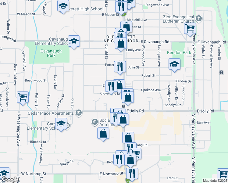 map of restaurants, bars, coffee shops, grocery stores, and more near 404 East Syringa Drive in Lansing
