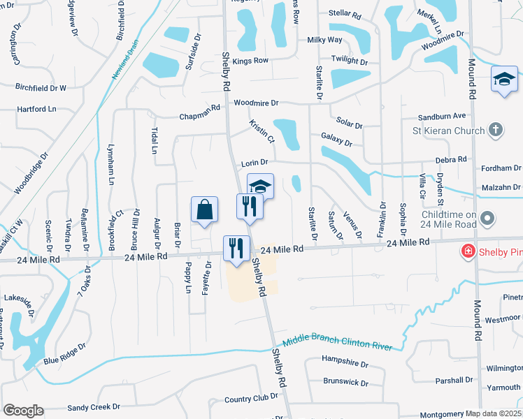 map of restaurants, bars, coffee shops, grocery stores, and more near 53200 Shelby Road in Shelby charter Township