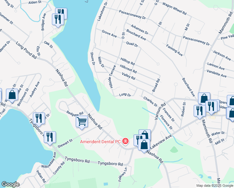 map of restaurants, bars, coffee shops, grocery stores, and more near 38 Midwood Road in Dracut