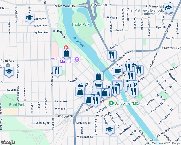map of restaurants, bars, coffee shops, grocery stores, and more near 340 N Franklin St in Janesville