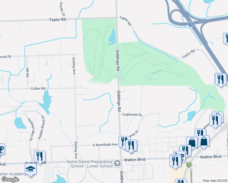 map of restaurants, bars, coffee shops, grocery stores, and more near 3021 Giddings Road in Auburn Hills
