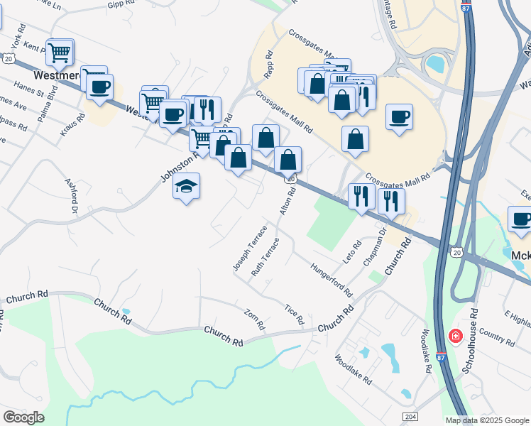 map of restaurants, bars, coffee shops, grocery stores, and more near 27 Patricia Lane in Albany