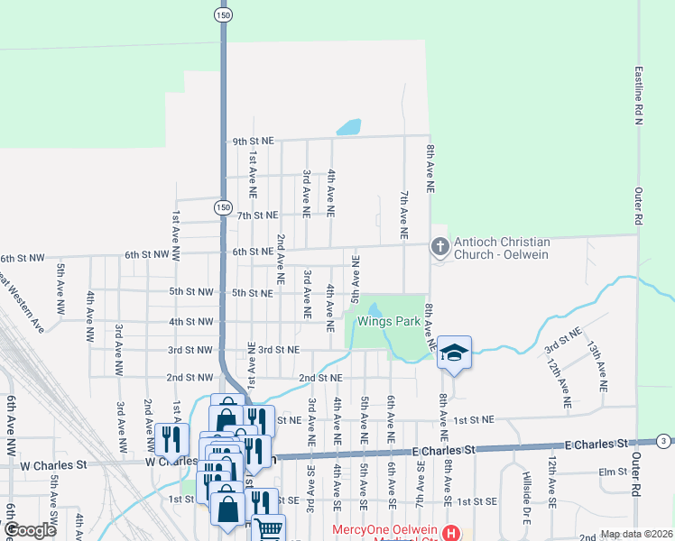 map of restaurants, bars, coffee shops, grocery stores, and more near 401-447 Lincoln Drive Northeast in Oelwein