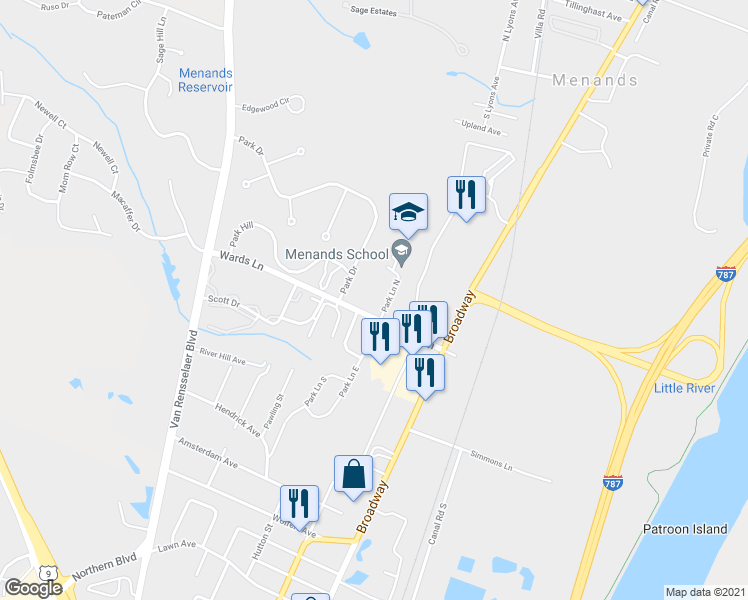 map of restaurants, bars, coffee shops, grocery stores, and more near 29 Wards Lane in Albany