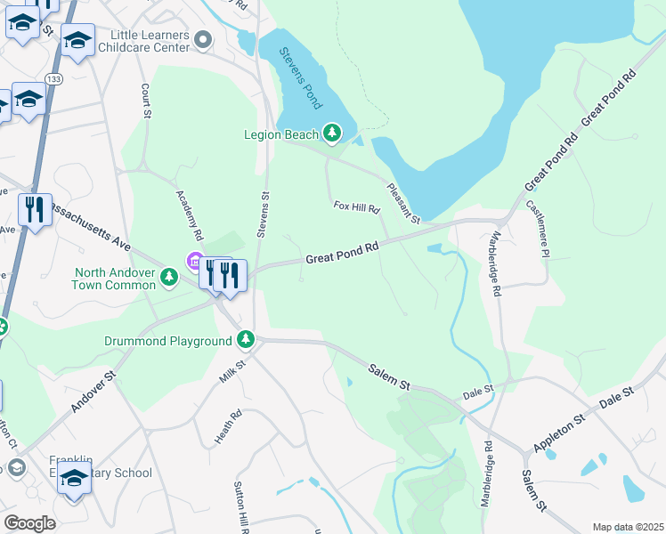 map of restaurants, bars, coffee shops, grocery stores, and more near 38 Great Pond Road in North Andover