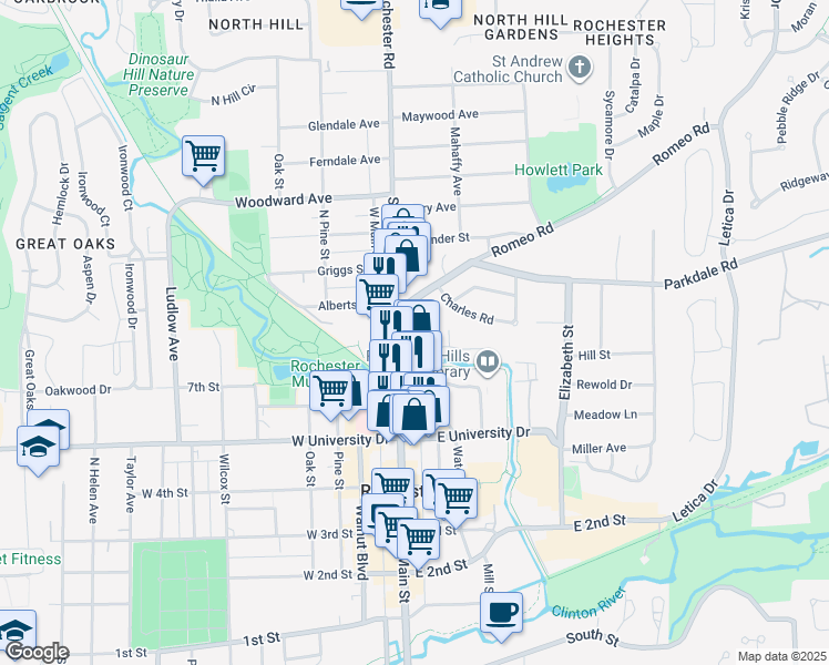 map of restaurants, bars, coffee shops, grocery stores, and more near 100 Romeo Road in Rochester