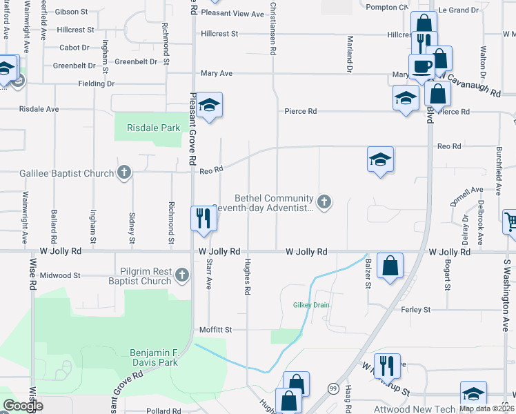 map of restaurants, bars, coffee shops, grocery stores, and more near 4804 Hughes Road in Lansing