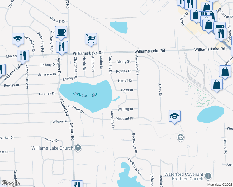 map of restaurants, bars, coffee shops, grocery stores, and more near 3257 Coventry Drive in Waterford Township