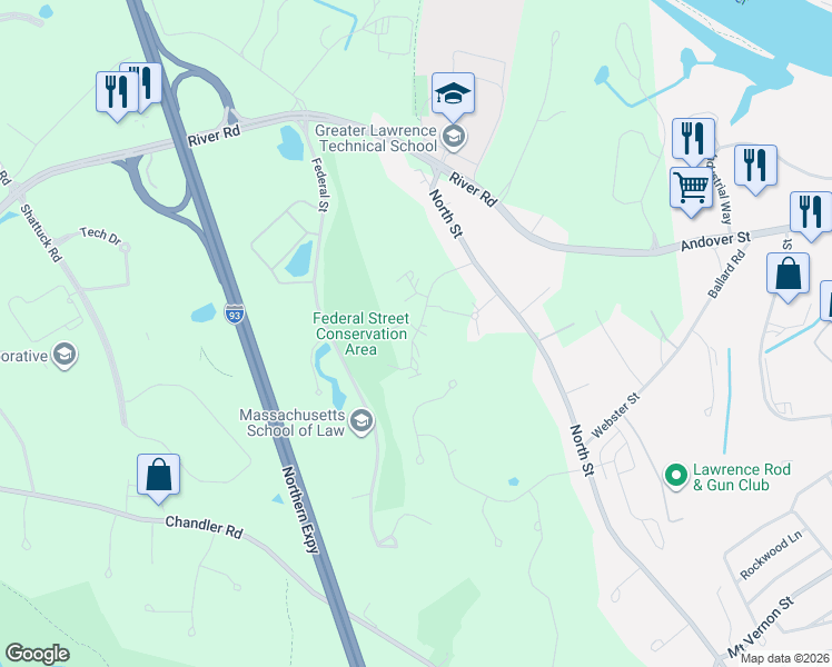 map of restaurants, bars, coffee shops, grocery stores, and more near 0 Andover Street in Andover