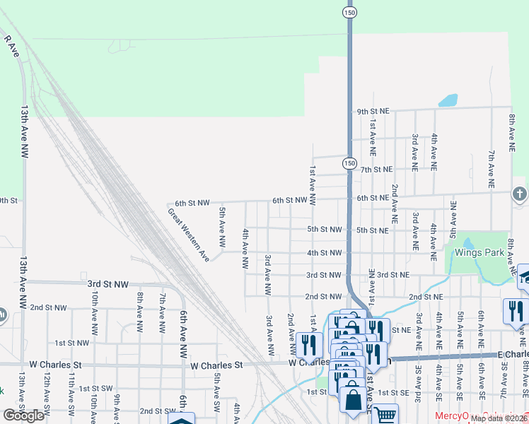 map of restaurants, bars, coffee shops, grocery stores, and more near 300-348 6th Street Northwest in Oelwein