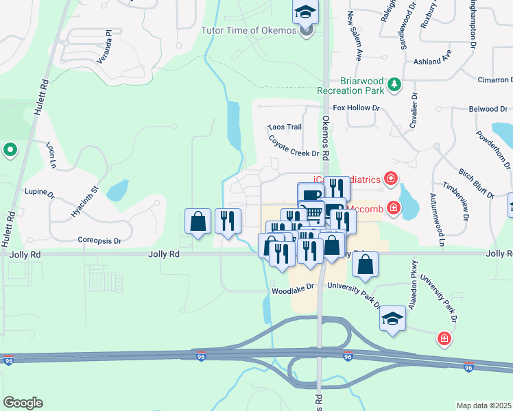 map of restaurants, bars, coffee shops, grocery stores, and more near 3625 Jolly Oak Road in Meridian charter Township