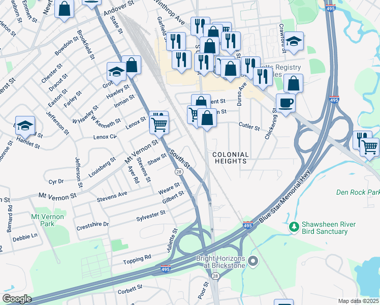 map of restaurants, bars, coffee shops, grocery stores, and more near 17 Wedgewood Drive in Lawrence