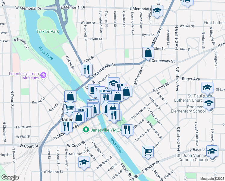 map of restaurants, bars, coffee shops, grocery stores, and more near 307 East Wall Street in Janesville