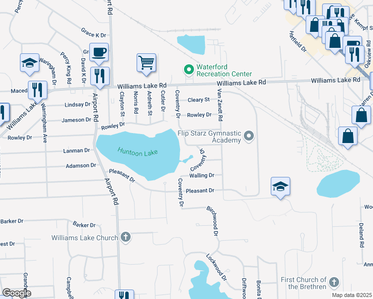 map of restaurants, bars, coffee shops, grocery stores, and more near 3255 Coventry Drive in Waterford Township