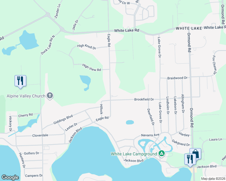 map of restaurants, bars, coffee shops, grocery stores, and more near 5070 Eagle Road in White Lake charter Township