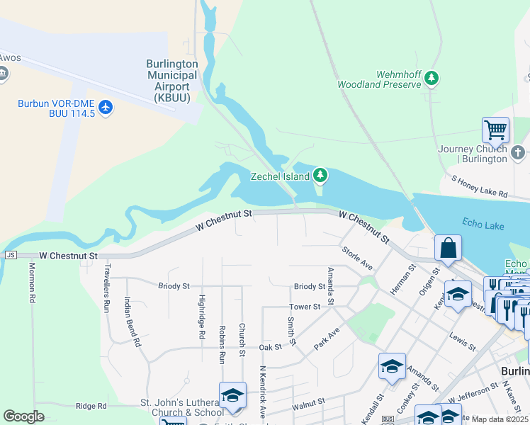 map of restaurants, bars, coffee shops, grocery stores, and more near West Chestnut Street in Burlington