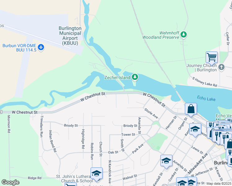 map of restaurants, bars, coffee shops, grocery stores, and more near West Chestnut Street in Burlington