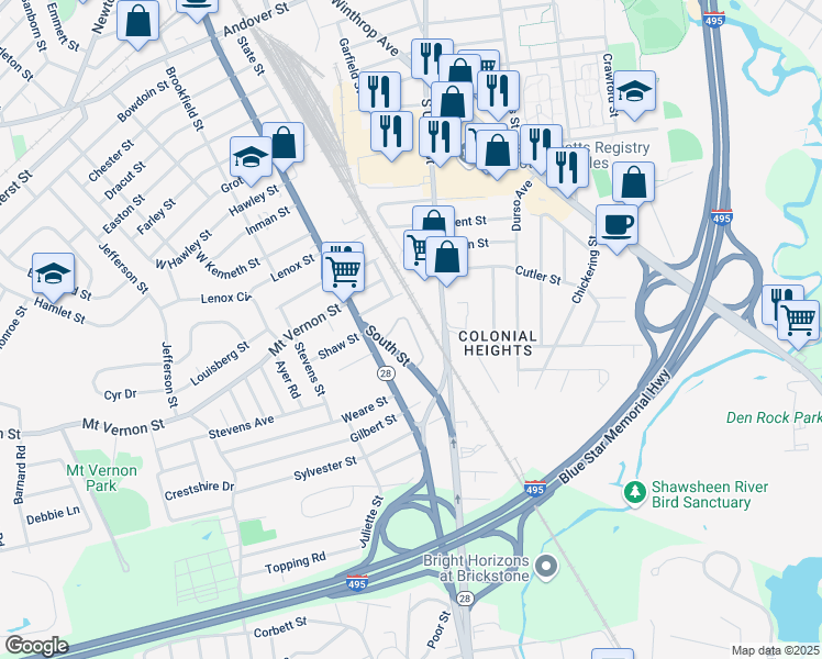 map of restaurants, bars, coffee shops, grocery stores, and more near 17 Wedgewood Drive in Lawrence