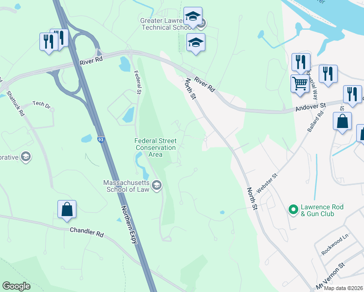 map of restaurants, bars, coffee shops, grocery stores, and more near 701 Brookside Drive in Andover