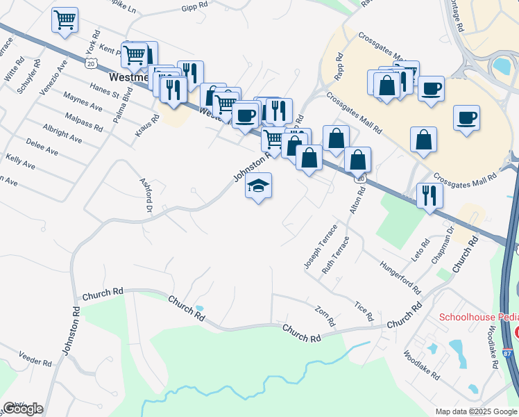 map of restaurants, bars, coffee shops, grocery stores, and more near 6270 Johnston Road in Albany