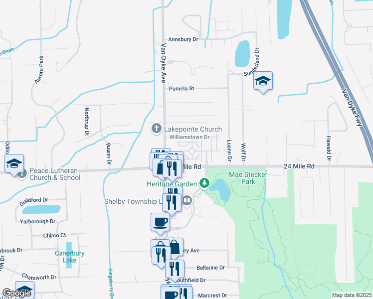 map of restaurants, bars, coffee shops, grocery stores, and more near 8264 Yorkshire Drive in Macomb County