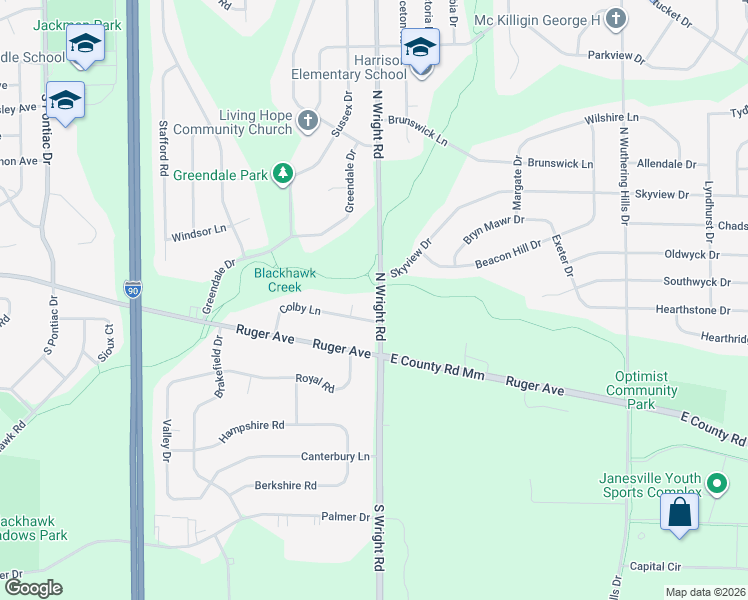 map of restaurants, bars, coffee shops, grocery stores, and more near 416 Colby Court in Janesville