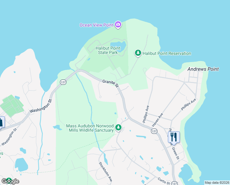 map of restaurants, bars, coffee shops, grocery stores, and more near 283 Granite Street in Rockport