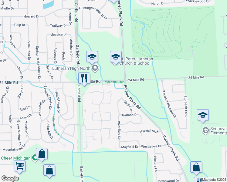 map of restaurants, bars, coffee shops, grocery stores, and more near 16868 Pebble Court in Macomb