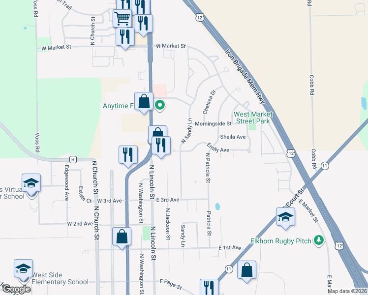 map of restaurants, bars, coffee shops, grocery stores, and more near 746 North Sandy Lane in Elkhorn