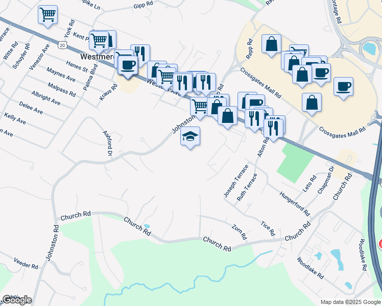 map of restaurants, bars, coffee shops, grocery stores, and more near 6270 Johnston Road in Albany