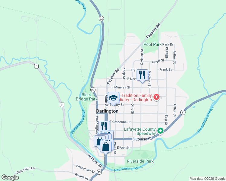 map of restaurants, bars, coffee shops, grocery stores, and more near 942 Wells Street in Darlington