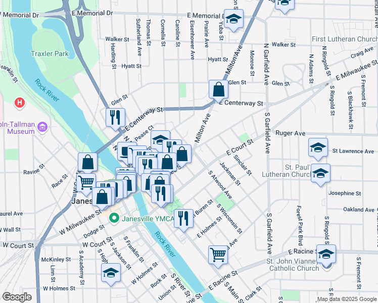 map of restaurants, bars, coffee shops, grocery stores, and more near 10 North Atwood Avenue in Janesville