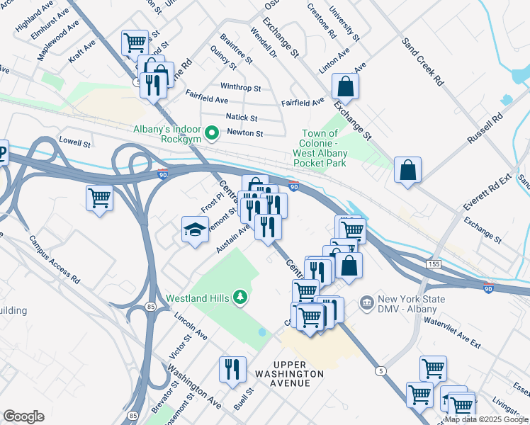 map of restaurants, bars, coffee shops, grocery stores, and more near 1017 Central Avenue in Albany