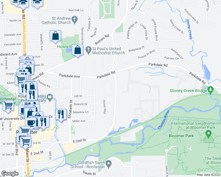 map of restaurants, bars, coffee shops, grocery stores, and more near Green Circle in Rochester