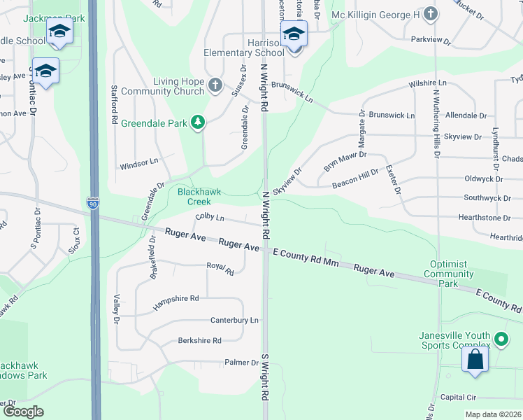 map of restaurants, bars, coffee shops, grocery stores, and more near 416 Colby Court in Janesville