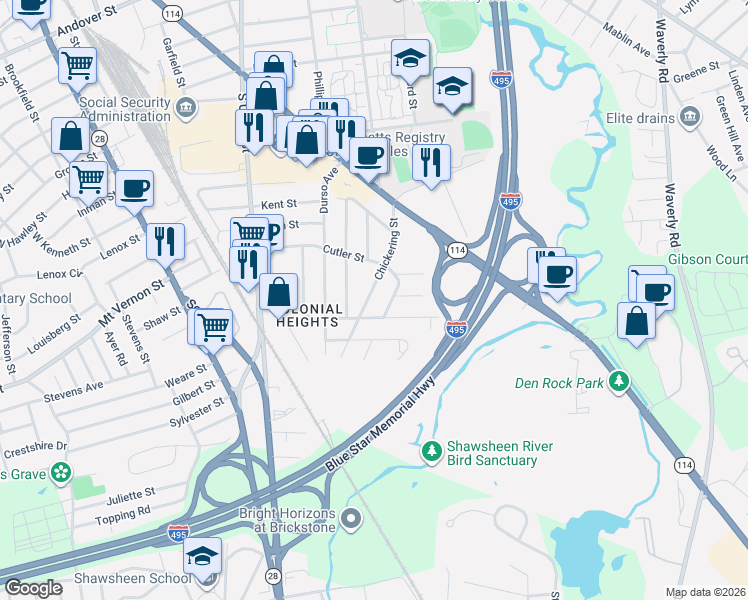 map of restaurants, bars, coffee shops, grocery stores, and more near 39 Chickering Street in Lawrence