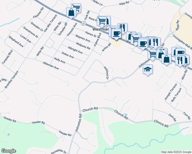 map of restaurants, bars, coffee shops, grocery stores, and more near 6211 Johnston Road in Albany