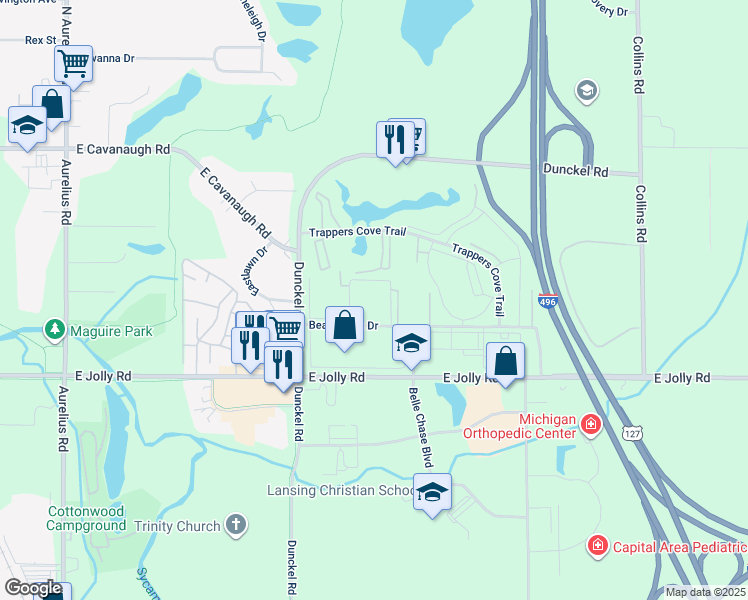 map of restaurants, bars, coffee shops, grocery stores, and more near 4731 Duvernay Drive in Lansing