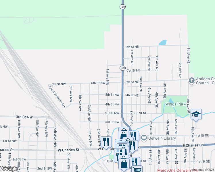 map of restaurants, bars, coffee shops, grocery stores, and more near 529 1st Avenue Northwest in Oelwein