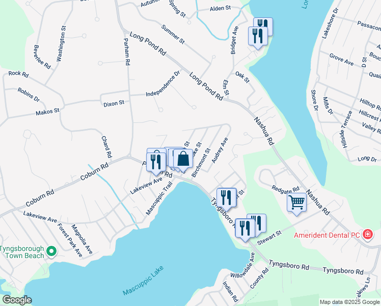 map of restaurants, bars, coffee shops, grocery stores, and more near 16 Sherbrooke Street in Tyngsborough