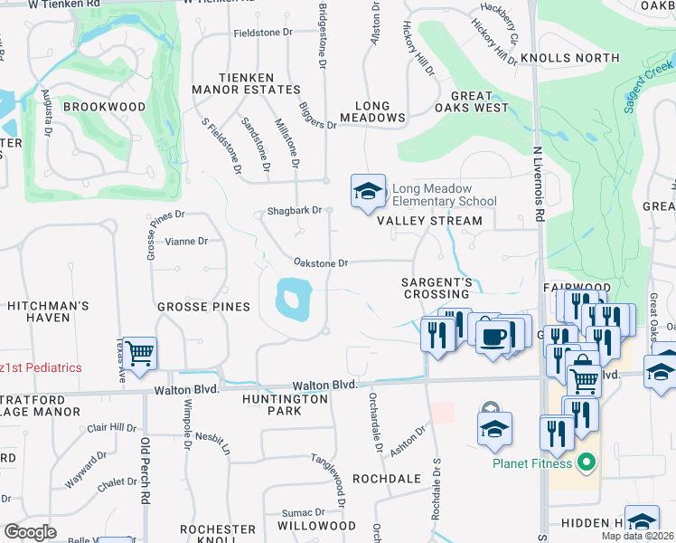 map of restaurants, bars, coffee shops, grocery stores, and more near 284 Shagbark Drive in Rochester Hills