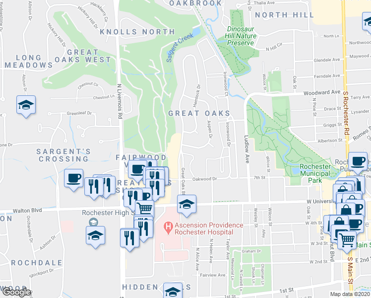 map of restaurants, bars, coffee shops, grocery stores, and more near 800 Aspen Drive in Rochester