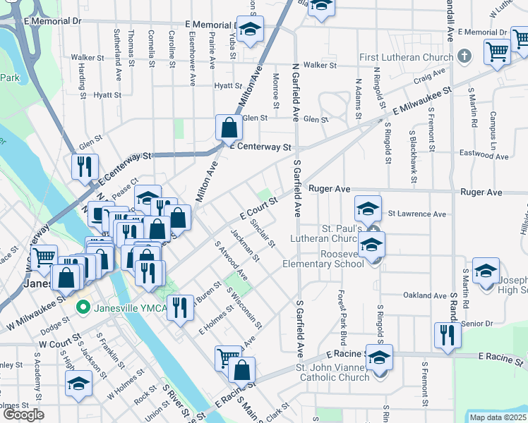 map of restaurants, bars, coffee shops, grocery stores, and more near 720 East Court Street in Janesville