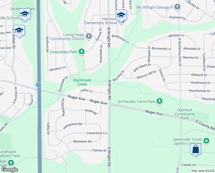 map of restaurants, bars, coffee shops, grocery stores, and more near 416 Colby Court in Janesville