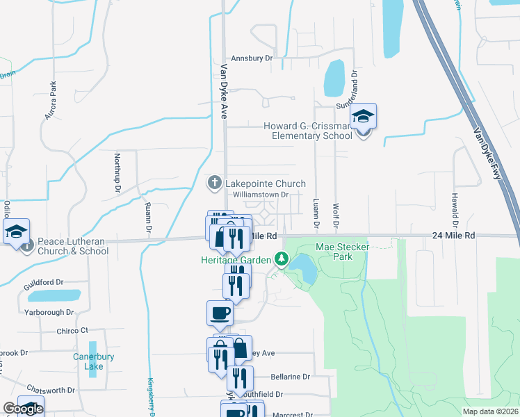 map of restaurants, bars, coffee shops, grocery stores, and more near 8264 Yorkshire Drive in Macomb County